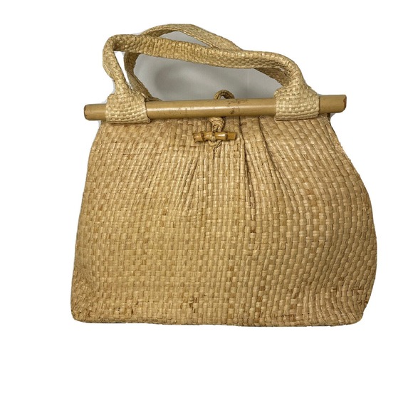 VTG Boho Mid-century Natural Straw Raffia Bag Tote Bamboo Accent Summer Beach - Picture 2 of 16
